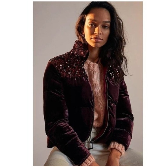 Anthropology Maeve Vera velvet burgundy sequins puffer jacket size medium - Picture 5 of 14